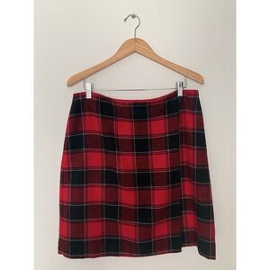 Talbots Wool Blend Faux Wrap Skirt Sz 12 Red Black Windowpane Plaid Lined Preppy